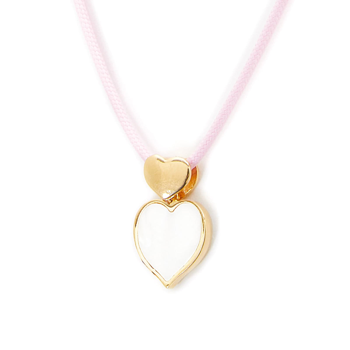 Collana in oro con cuore, madreperla e cordino rosa