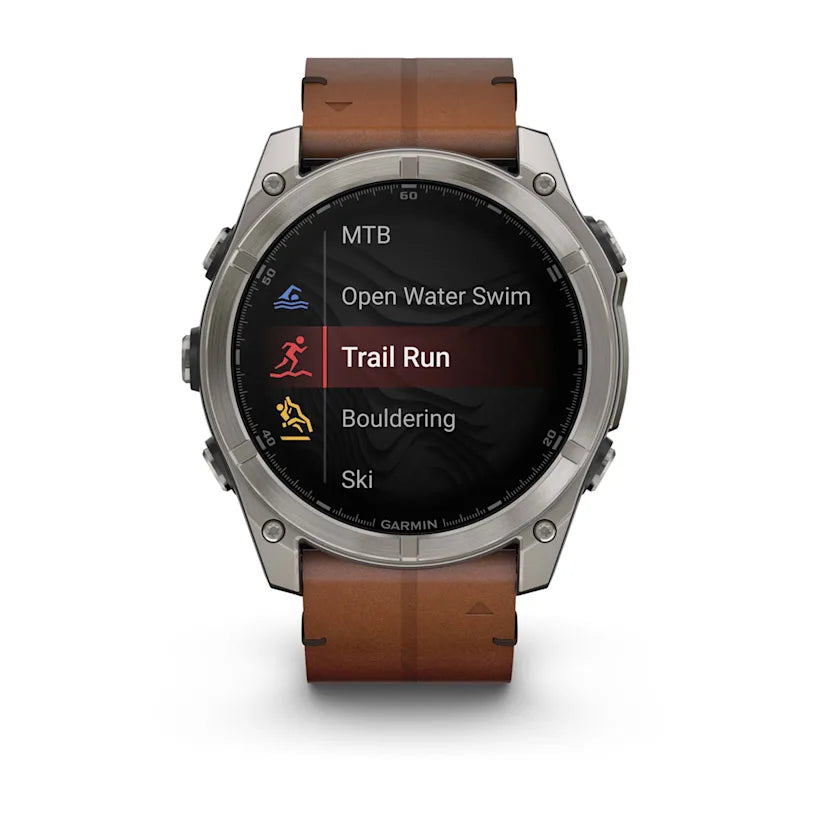 fēnix® 8 - 51 mm, AMOLED - Sapphire, Titanium con cinturino in pelle Chestnut